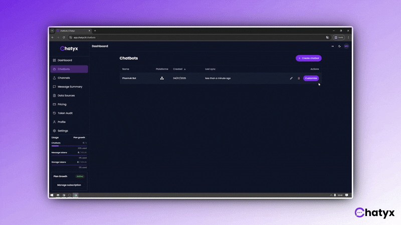 GIF montrant la personnalisation du chatbot IA no code : nom, message de bienvenue, avatar du bot et suggestions cliquables.