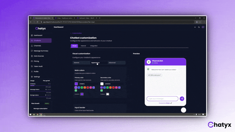 GIF montrant la personnalisation des couleurs du chatbot et du logo minimaliste dans la bulle de lancement.